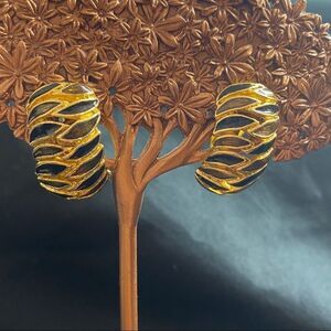 Gold Black and Amber Clip On Earrings